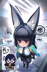  >_< 2girls animal_ear_fluff animal_ears aqua_jacket belle_(zenless_zone_zero) black_gloves black_hair black_necktie black_skirt blue_hair blush breasts closed_mouth comically_large_ears english_text fox_ears fox_girl gauntlets gloves hair_between_eyes hair_ornament highres hoshimi_miyabi indoors jacket katana letter_hair_ornament long_hair multiple_girls necktie office red_eyes shirakawafel shirt short_hair sidelocks single_gauntlet skirt speech_bubble sword twitter_username weapon white_shirt zenless_zone_zero 