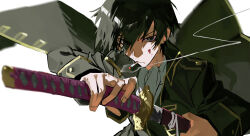 1boy absurdres black_hair black_jacket blood blood_on_face blue_eyes cigarette commentary_request gintama hair_between_eyes hair_over_one_eye highres hijikata_toushirou holding holding_sword holding_weapon jacket katana male_focus mura_karuki portrait sheath shirt simple_background smoke smoke_trail solo sword unsheathing weapon white_background white_shirt 