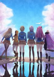  6+girls absurdres aikawa_megumi asakura_karen_(heaven_burns_red) black_hair blonde_hair blue_shirt brown_hair cherry_blossoms from_behind grey_hair heaven_burns_red highres izumi_yuki kayamori_ruka kneehighs kunimi_tama long_hair multiple_girls phant0m pink_hair puddle shirt short_hair skirt socks team_31a_(heaven_burns_red) thigh-highs toujou_tsukasa violet_eyes 
