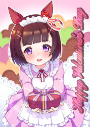 1girl alternate_costume animal_ears apron blunt_bangs blush box brown_hair commentary_request dress ear_covers gift gift_box hair_ornament happy_valentine heart holding holding_box horse_ears horse_girl long_sleeves looking_at_viewer maid maid_apron maid_headdress neck_ribbon nishino_flower_(umamusume) open_mouth pink_dress red_ribbon ribbon short_hair smile umamusume violet_eyes white_apron white_headdress x_hair_ornament yoshiharu_izumi 