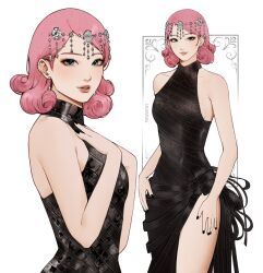  1girl arms_at_sides artist_name black_dress black_nails breasts commentary cowboy_shot dress earrings english_commentary eyelashes green_eyes halter_dress halterneck hands_on_own_chest haruno_sakura highres jewelry looking_at_viewer multiple_views narrow_waist naruto_(series) nightgown pink_hair pink_lips side_slit sleeveless small_breasts tenartistt 