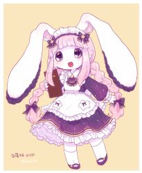  apron braid colored_skin commentary_request dress frilled_skirt frilled_sleeves frills headdress maid_apron original pink_eyes purple_dress purple_shoes pyon_ko rabbit_girl shoes skirt socks twin_braids violet_eyes white_skin white_socks yellow_background 