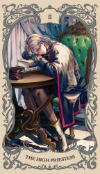  1girl aohitsugi_nemu belted_coat belted_jacket black_gloves book boots card chair commentary_request cuffed fukeda_chiho full_body gloves hat highres hypnosis_mic kotonohatoh_uniform looking_at_viewer medium_hair on_chair pantyhose peaked_cap red_eyes sitting solo tarot the_high_priestess_(tarot) unworn_headwear white_boots white_hair 