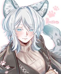  1girl animal_ear_fluff animal_ears black_coat black_vest blue_eyes blush breasts brown_sweater character_name closed_mouth coat coat_on_shoulders colored_eyelashes faust_(project_moon) highres kemonomimi_mode large_breasts limbus_company long_sleeves medium_hair paw_print paw_print_background project_moon ribbed_sweater simple_background snow_leopard_ears snow_leopard_tail solo sunny_212 sweater tail turtleneck turtleneck_sweater upper_body vest white_background white_hair wolf_cut 