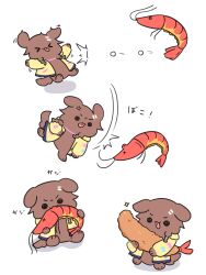  absurdres black_eyes brown_fur closed_mouth commentary_request dog ebi-chan_(gawr_gura) food highres hololive inugami_korone inugami_korone_(dog) jacket looking_at_viewer morotade_kudou open_mouth shrimp shrimp_tempura tempura tongue tongue_out virtual_youtuber yellow_jacket 