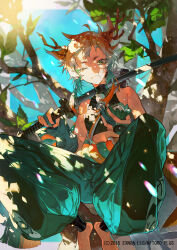  ambiguous_gender barefoot black_nails commentary_request copyright_logo detached_sleeves gloves green_eyes green_pants hair_between_eyes high_collar highres holding holding_sword holding_weapon horns jewelry katana leaf logo looking_at_viewer midriff mura_karuki necklace official_art official_artist_extra one_eye_closed outdoors pants shadow short_hair sitting solo sunlight sword touken_ranbu tree weapon white_hair 