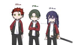  3boys :< akatsuki_(ensemble_stars!) black_hair black_jacket black_pants closed_mouth commentary_request cowboy_shot crossed_arms earrings ensemble_stars! glasses green_eyes green_hair grey-framed_eyewear hair_between_eyes hair_intakes hand_on_own_hip hasumi_keito height height_difference highres holding holding_sword holding_weapon jacket jewelry kanzaki_souma katana kiryu_kuro long_hair long_sleeves male_focus motoyui multicolored_hair multicolored_jacket multiple_boys multiple_earrings no_nose pants parted_bangs ponytail purple_hair red_hair red_jacket sako_nako sheath sheathed shirt short_hair sidelocks simple_background smile spiky_hair streaked_hair sword track_jacket track_pants twitter_username two-tone_jacket v-shaped_eyebrows violet_eyes weapon white_background white_shirt 