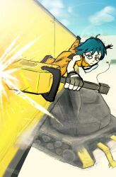  1girl aqua_eyes aqua_hair arm_freckles bockus_geeky body_freckles cargo_pants chainsword fingerless_gloves freckles gloves head-mounted_display highres holding industrial jumpsuit looking_at_viewer megastructure motorslice multiple_moles orange_jumpsuit p_(motorslice) pants robot short_hair sleeveless_jumpsuit solo sword tomboy turtleneck_jumpsuit vertical-striped_jumpsuit weapon 