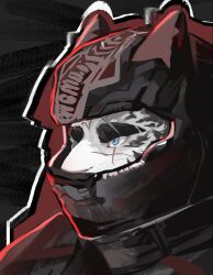  1boy arknights black_background black_helmet black_jacket chinese_commentary commentary_request cross_scar devotion116 furry furry_male helmet jacket looking_to_the_side male_focus mountain_(arknights) mountain_(hardcore_rider)_(arknights) scar scar_across_eye scar_on_cheek scar_on_face scar_on_nose tiger_boy tiger_stripes upper_body 