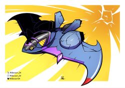  aircraft airplane border commentary cross-shaped_pupils danzart_24 digimon digimon_(creature) digimon_beatbreak english_commentary fighter_jet full_body highres military_vehicle no_humans scourgechiropmon solo symbol-shaped_pupils white_border yellow_background yellow_eyes 