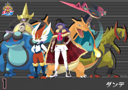  1boy absurdres aegislash aqua_eyes black_gloves black_hat black_sclera black_shirt bright_pupils cape champion_uniform_(pokemon) charizard checkered_cape checkered_clothes cinderace closed_mouth colored_sclera commentary_request dark-skinned_male dark_skin dragapult dreepy drop_shadow dynamax_band facial_hair fangs fire flame-tipped_tail floating fur-trimmed_cape fur_trim glassy0302 gloves grey_background hand_on_own_hip hat haxorus height_chart highres holding holding_shield leggings leon_(pokemon) long_hair male_focus mismatched_eyebrows mismatched_facial_hair nostrils one-eyed open_mouth orange_eyes partially_fingerless_gloves pokemon pokemon_(creature) pokemon_sword_and_shield pokemon_team purple_hair red_cape red_eyes seismitoad shield shirt shoes shorts single_glove smile tail translation_request twitter_username white_leggings white_pupils white_shoes white_shorts yellow_eyes 