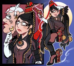  1boy 1girl 42yow ankle_gun bayonetta bayonetta_(cosplay) bayonetta_(series) bayonetta_1 black_hair cosplay crescent_moon crossdressing crossdressing_(mtf) earrings east-west_crossover family_guy full_moon glasses highres jewelry lipstick lois_griffin makeup mole mole_under_mouth moon multiple_views night peter_griffin quadruple_wielding signature white_hair 