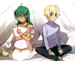  1boy 1girl ? bare_shoulders black_pants blonde_hair blue_eyes brown_choker choker commentary_request deltora_quest green_eyes green_hair grey_shirt hugging_object inlila jasmine_(deltora_quest) lief_(deltora_quest) long_hair long_sleeves nightgown on_bed pants pillow shirt short_hair sitting white_nightgown 