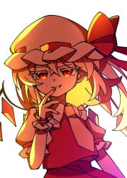  1girl backlighting blonde_hair collared_shirt commentary_request crystal crystal_wings flandre_scarlet frilled_shirt_collar frilled_wrist_cuffs frills grin hair_between_eyes hat hat_ribbon highres illust_atelier3 long_hair mob_cap multicolored_wings necktie one-hour_drawing_challenge one_side_up red_eyes red_nails red_skirt red_vest red_wrist_cuffs ribbon shirt simple_background skirt skirt_set smile solo touhou vest white_background white_hat white_shirt wings wrist_cuffs yellow_necktie 