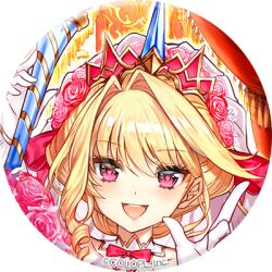  1girl baizu_(guszx) blonde_hair blush border bow bridal_veil bride collarbone dress flower gloves hair_bun hair_intakes index_finger_raised lips looking_at_viewer lowres official_art open_mouth pointing pointing_up portrait profile_picture red_bow red_eyes rose round_border shironeko_project sierra_(shironeko_project) single_hair_bun smile solo teeth tsurime upper_teeth_only veil wedding_dress white_gloves 