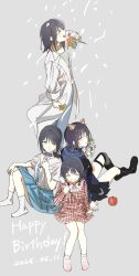  4girls animal_ears apple birthday black_choker black_hair blue_flower blue_hair blue_hoodie blue_nails blue_skirt cho_kaguya-hime! choker closed_eyes commentary dated dress flower food forehead_jewel fox_ears fruit genkounikki01 green_eyes grin happy_birthday highres holding holding_flower hood hoodie lab_coat long_sleeves mole mole_under_eye multicolored_hair multiple_girls multiple_persona open_mouth orange_flower plaid_clothes plaid_dress sailor_collar sakayori_iroha shirt short_sleeves sitting skirt smile two-tone_hair white_flower white_shirt yellow_flower 