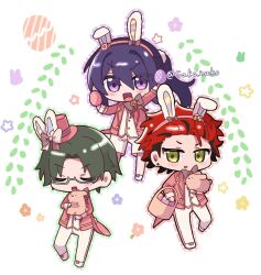  3boys :d akatsuki_(ensemble_stars!) alternate_costume animal animal_ears basket black_bow black_bowtie black_hair blush bow bow_hairband bowtie chibi chibi_only closed_eyes coattails commentary_request curtained_hair earrings easter easter_egg egg ensemble_stars! fake_animal_ears flower_symbol glasses green_eyes green_hair green_outline grey-framed_eyewear hair_between_eyes hair_intakes hairband hasumi_keito hat highres holding holding_animal holding_basket holding_egg holding_rabbit jacket jewelry kanzaki_souma kiryu_kuro long_hair long_sleeves looking_at_viewer male_focus mini_hat mini_top_hat multicolored_hair multiple_boys outline pants parted_bangs pink_hat pink_jacket pink_outline pom_pom_(clothes) ponytail purple_hair purple_outline rabbit rabbit-shaped_buttons rabbit_boy rabbit_ears rabbit_tail red_hair sako_nako shoes short_eyebrows short_hair sidelocks smile spiky_hair star_(symbol) streaked_hair stud_earrings tail tailcoat top_hat twitter_username v-shaped_eyebrows vest violet_eyes white_background white_pants white_shoes white_vest 
