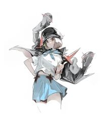  1girl absurdres banchou black_jacket blue_neckerchief blue_sailor_collar blue_skirt bob_cut bracelet brown_eyes brown_hair delinquent hat highres jacket jewelry kanji_(nievart) kill_la_kill mankanshoku_mako neckerchief peaked_cap pointing sailor_collar school_uniform serafuku short_hair shoulder_spikes skirt solo spiked_bracelet spikes 