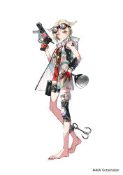  1girl absurdres arm_tattoo barefoot blonde_hair commentary_request copyright_logo copyright_notice fish_hook full_body gloves goggles gun hair_wings highres holding holding_gun holding_weapon hood hood_down jacket knee_pads logo looking_at_viewer mura_karuki official_art one-piece_swimsuit one_eye_closed original parted_bangs pouch red_gloves red_one-piece_swimsuit see-through_clothes see-through_jacket simple_background single_knee_pad smile solo swimsuit tattoo thigh_pouch weapon white_background 