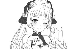  1boy ;) animal_ears armpit_crease ascot bare_shoulders blunt_bangs cat_ears closed_mouth detached_sleeves dot_nose dress hands_up headdress long_hair long_sleeves looking_at_viewer male_focus monochrome one_eye_closed paw_pose pointy_ears portrait princess_connect! simple_background smile solo sunaba_(nczd5875) twintails unfinished white_background wide_sleeves yuki_(princess_connect!) 
