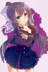  1girl aqua_eyes assault_lily blue_cape blue_skirt blush bow bowtie bright_pupils brown_hair cape closed_mouth commentary_request cowboy_shot epaulettes frilled_skirt frills hair_between_eyes hair_bow hand_on_own_chin hands_up high-waist_skirt high_ponytail jacket jiropi long_hair long_sleeves looking_at_viewer official_alternate_costume ponytail purple_background purple_cape purple_jacket purple_skirt raised_eyebrows red_bow red_bowtie serizawa_chikaru side_cape sidelocks single_epaulette skirt smile solo standing two-sided_cape two-sided_fabric two-tone_background two-tone_skirt very_long_hair white_bow white_pupils 