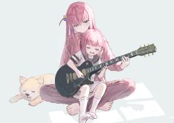  2girls blue_eyes bocchi_the_rock! commentary_request cube_hair_ornament dog electric_guitar esubui family_bonding gibson_les_paul gotoh_futari gotoh_hitori guitar hair_between_eyes hair_ornament highres holding holding_instrument instrument jimihen long_hair multiple_girls pink_hair siblings sisters sitting sitting_on_lap sitting_on_person track_suit 