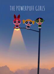  3girls absurdres artist_name black_hair blonde_hair blossom_(ppg) blue_dress blue_eyes blunt_bangs blurry blurry_background bubbles_(ppg) buttercup_(ppg) closed_mouth dress green_dress green_eyes hair_ribbon highres lamppost long_hair looking_at_viewer mary_janes multiple_girls noah_(rokoroko) orange_hair pantyhose parted_bangs pink_dress pink_eyes powerpuff_girls red_ribbon ribbon shoes short_hair siblings sisters sitting smile twintails white_pantyhose 
