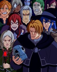  4boys 6+girls absurdres ahoge aisha_greyrat animal_ears blue_eyes blue_hair clenched_teeth closed_eyes dark-skinned_female dark_skin elf eris_greyrat eyepatch forehead_jewel fur-trimmed_jacket fur_trim ghislaine_dedoldia green_eyes hat highres holding holding_wand jacket ldarts looking_at_viewer mask meme mole mole_under_eye multiple_boys multiple_girls mushoku_tensei nanahoshi_shizuka orsted_(mushoku_tensei) panties paul_greyrat pointy_ears red_eyes red_hair roxy_migurdia rudeus_greyrat ruijerd_superdia scar scar_on_face skull smile sylphiette_(mushoku_tensei) teeth underwear viltrumite_group_shot_(meme) wand white_hair white_panties witch_hat 