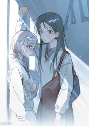  2girls bag black_hair black_neckerchief blue_shirt brown_eyes chinese_commentary closed_mouth commentary_request glasses grey_eyes haidao_mao hair_ornament hairclip highres koi_yori_aoku light_particles long_hair looking_at_viewer mole mole_under_mouth multiple_girls neckerchief parallel_hairclips sakura_shiori_(koi_yori_aoku) school_uniform shirt short_hair shoulder_bag takamine_tsukasa train white_shirt 