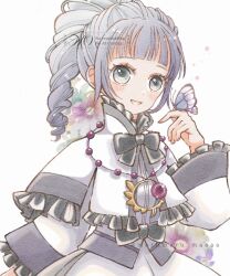  1girl ange_serena bead_necklace beads black_bow blue_butterfly blue_hair blush bow bug butterfly butterfly_on_hand capelet commentary_request dress drill_hair flower frilled_capelet frilled_sleeves frills high_ponytail highres jewelry looking_at_viewer marumaru_(maaaa) necklace open_mouth ponytail short_hair simple_background smile solo tales_of_(series) tales_of_innocence white_background white_capelet white_dress 