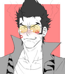  1boy aviator_sunglasses black_hair blush cez head_steam highres jacket lipstick_mark lipstick_mark_on_face male_focus no_more_heroes shirt short_hair smile solo sunglasses tinted_eyewear travis_touchdown white_shirt yellow-tinted_eyewear 