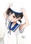  1girl :d black_hair brown_eyes dated dress from_above hat hiburi_(kancolle) highres kantai_collection kimura_shiki looking_at_viewer low_ponytail one-piece_swimsuit sailor_collar sailor_dress sailor_hat short_hair short_sleeves simple_background smile solo swimsuit twitter_username upper_body white_background white_dress white_headwear 