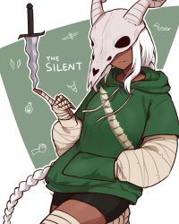  1girl akeesakee alternate_costume balancing_on_finger bandaged_hand bandaged_leg bandages bike_shorts bone_print braid character_name closed_mouth commentary covered_eyes cowboy_shot dark-skinned_female dark_skin english_commentary english_text facing_viewer green_hoodie hand_in_pocket highres hood hoodie knife layered_sleeves long_hair long_sleeves puffy_long_sleeves puffy_sleeves shirt short_over_long_sleeves short_sleeves single_braid skull-shaped_hat slay_the_spire smile spine the_silent_(slay_the_spire) white_hair white_shirt 