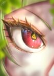  1girl absurdres close-up dappled_sunlight delutaya eye_focus eyelashes green_hair highres indie_virtual_youtuber looking_at_viewer red_eyes signature solo sunlight symbol-shaped_pupils triangle triangle-shaped_pupils user_gdfe7344 virtual_youtuber 