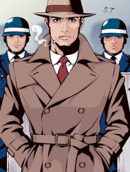  3boys belt belt_buckle black_hair black_necktie brown_coat brown_eyes brown_hat buckle buttons cigarette closed_mouth coat collared_shirt commentary_request facial_hair fedora hands_in_pocket hat helmet long_coat long_sleeves looking_at_viewer lupin_iii male_focus military_uniform multiple_boys necktie red_necktie shirt short_hair sideburns signature smoke smoking takanashi_shin trench_coat white_shirt zenigata_kouichi 