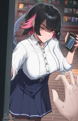  1boy 1girl absurdres angry black_choker black_hair black_pantyhose black_skirt blush breasts cellphone choker closed_mouth colored_inner_hair commentary_request ellen_joe ellen_joe_(on_campus) fingernails fins fish_tail hair_between_eyes hair_ornament highres holding holding_phone large_breasts long_sleeves looking_at_viewer multicolored_hair nail_polish official_alternate_costume orange_eyes pantyhose phone pink_hair pleated_skirt poopman red_nails school_uniform shark_girl shark_tail sharp_fingernails shirt short_hair skirt smartphone solo solo_focus tail teeth three-quarter_sleeves white_shirt wise_(zenless_zone_zero) x_hair_ornament zenless_zone_zero 