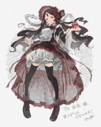  1girl apple black_hair black_thighhighs bonnet bow bowtie commentary_request commission dress floral_background food frilled_bonnet frilled_dress frills fruit light_blush lolita_fashion long_hair noppo_(nopon) original red_eyes skeb_commission snake_hair thigh-highs 