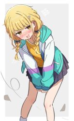  1girl blonde_hair blush border braid commentary_request flying_sweatdrops fujita_kotone gakuen_idolmaster grey_background gyorui_(katsuwo_drawing) highres hood hood_down hooded_jacket idolmaster jacket leaning_forward long_hair long_sleeves looking_at_viewer miniskirt multicolored_jacket nose_blush open_clothes open_jacket open_mouth outside_border plaid_clothes plaid_skirt pleated_skirt purple_skirt shirt skirt skirt_tug solo twin_braids white_border yellow_eyes yellow_shirt 