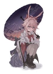  1girl animal_ears asymmetrical_gloves black_gloves black_shoes blue_eyes blue_skirt bow bowtie bright_pupils collared_shirt evanescia_(honkai:_star_rail) fingerless_gloves full_body gloves highres honkai:_star_rail honkai_(series) long_sleeves mismatched_gloves nayuta_(8888_mugen) oil-paper_umbrella pink_hair rabbit_ears reaching reaching_towards_viewer red_bow red_bowtie shadow shirt shoes short_hair simple_background skirt smile solo squatting sunset umbrella white_background white_gloves white_pupils white_shirt 