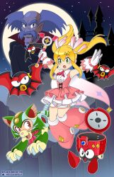  1boy 1girl absurdres android ascot batton_(mega_man) black_coat blonde_hair blue_hair castle castlevania_(1986) castlevania_(series) coat dr._wily_(mega_man) dress facial_hair forehead_jewel frilled_skirt frills green_eyes grey_hair halloween highres holding mega_man_(classic) mega_man_(series) mega_man_x_(series) mega_man_x_dive met_(mega_man) mustache nico-neko old old_man open_mouth pink_dress pink_ribbon red_ascot red_eyes ribbon robot_cat robot_girl roll_(mega_man) skirt skull tango_(mega_man) twintails twitter_username vampire_costume 