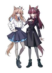  2girls absurdres almond_eye_(umamusume) alternate_costume animal_ears ankle_boots ark_koiz35 black_boots black_coat black_skirt blue_eyes blunt_bangs boots bow_hairband brown_hair buttons coat double-breasted ear_covers full_body grey_pantyhose hair_between_eyes hair_ornament hairband hairclip hand_on_own_chest highres horse_ears horse_girl horse_tail jacket long_hair looking_at_viewer lucky_lilac_(umamusume) multiple_girls pantyhose side_ponytail simple_background skirt smile symbol-shaped_pupils tail umamusume violet_eyes white_background white_hairband white_jacket x-shaped_pupils 