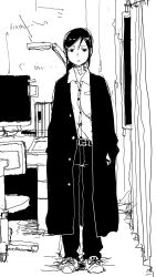  1girl belt belt_buckle black_coat black_hair black_pants breast_pocket buckle buttons chair coat collar collarbone computer curtains desk expressionless full_body greyscale hair_ornament hair_tie hairclip hand_in_pocket highres indoors lamp looking_at_viewer monitor monochrome no_eyewear open_clothes open_coat pants pocket ponytail shimeji_simulation shirt shoes short_hair sneakers solo third-party_source tsukishima_shijima's_sister tsukumizu watch watch white_shirt 