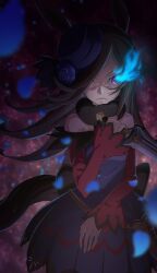  1girl animal_ears black_dress black_hair blue_flower blue_rose dagger dress flaming_eye flower hair_over_one_eye highres holding holding_dagger holding_knife holding_weapon horse_ears horse_girl horse_tail knife long_hair looking_at_viewer ogi_non rice_shower_(umamusume) rose solo tail umamusume violet_eyes weapon 