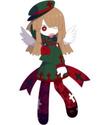  1girl angel angel_wings argyle_clothes arm_behind_head black_shoes brown_hair cross full_body funamusea funamusea_(artist) green_shirt green_skirt haiiro_teien hair_ornament hat long_hair long_sleeves looking_at_viewer macarona_(funamusea) military_hat mini_wings neckerchief official_art one_eye_closed open_mouth pantyhose pleated_skirt red_eyes red_neckerchief sailor_collar school_uniform shirt shoes simple_background skirt solo standing white_background white_wings wings 