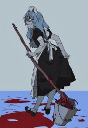  alternate_costume apron black_dress blood blue_eyes blue_hair commentary cursed_spirit_(jujutsu_kaisen) dress enmaided frilled_apron frilled_dress frills genderswap genderswap_(mtf) hair_between_eyes holding holding_mop jujutsu_kaisen kkrmcmc long_hair mahito_(jujutsu_kaisen) maid maid_apron maid_headdress mop smile solo stitched_arm stitched_face stitched_forehead stitched_neck stitched_wrist stitches transfigured_human_(jujutsu_kaisen) untranslatable_commentary waist_apron white_apron 