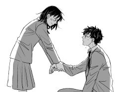  1boy 1girl blush collared_shirt eye_contact futsuu_no_keion-bu hatono_chihiro hetero highres holding_another's_wrist jacket looking_at_another medium_hair mizuo_haruichi monochrome robomi school_uniform shirt short_hair sweat 