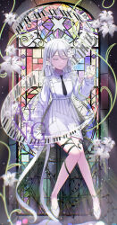  1girl absurdres bang_dream! bang_dream!_our_notes chinese_commentary closed_eyes commentary_request hair_between_eyes highres long_hair long_hair_between_eyes long_sleeves minasoko_873 open_mouth plant shiomi_hotaru shoes solo vines white_background white_hair white_shoes 