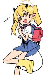  1girl absurdres alternate_costume artist_name backpack bag blonde_hair blue_archive blue_sailor_collar boots commentary demon_girl demon_horns demon_tail demon_wings english_text fang highres horns ibuki_(blue_archive) looking_at_viewer open_mouth pointy_ears randoseru rubber_boots sailor_collar school_uniform serafuku shirt short_sleeves signature simple_background smile solo standing standing_on_one_leg tail tsunderemaids twintails white_background white_shirt wings yellow_boots yellow_eyes 