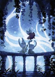  1girl 2others aged_down arthropod_girl black_skin bug butterfly cloak colored_skin from_behind full_body highres hollow_knight hollow_knight_(character) horned_mask hornet_(hollow_knight) horns knight_(hollow_knight) leaf looking_up mask multiple_others na_chloridee plant red_cloak vines white_mask 