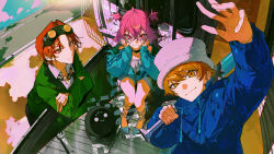  1girl 1other 2boys absurdres baseball_bat black_choker blue_jacket blue_shoes brown_eyes brown_hair chain chain_necklace choker commentary_request donut_hole_(vocaloid) eyewear_on_head green_jacket hair_between_eyes hands_on_own_face hat highres holding holding_baseball_bat jacket jewelry looking_at_viewer medium_hair motor_vehicle multiple_boys mura_karuki necklace official_art outdoors outstretched_hand parted_bangs pickup_truck pink_eyes pink_hair red_eyes red_hair road shirt shoes short_hair short_twintails sunlight truck twintails utaite white_hat white_shirt wrench 